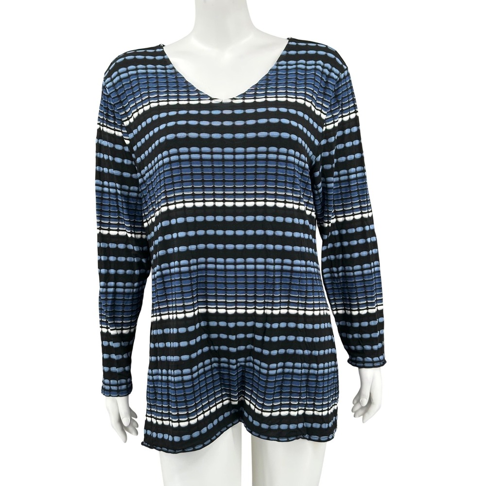 Habitat Top Womens Large Blue Black V-Neck Long Sleeve Tunic Stretch Textured